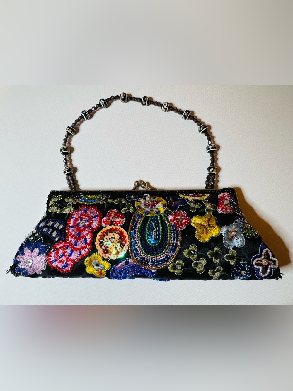 Vintage La Regale Black Beaded Floral Embroidered Evening Clutch